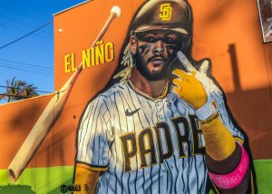 Fernando Tatis Jr Mural in Ocean Beach Ca with hair ties for guys on wrist