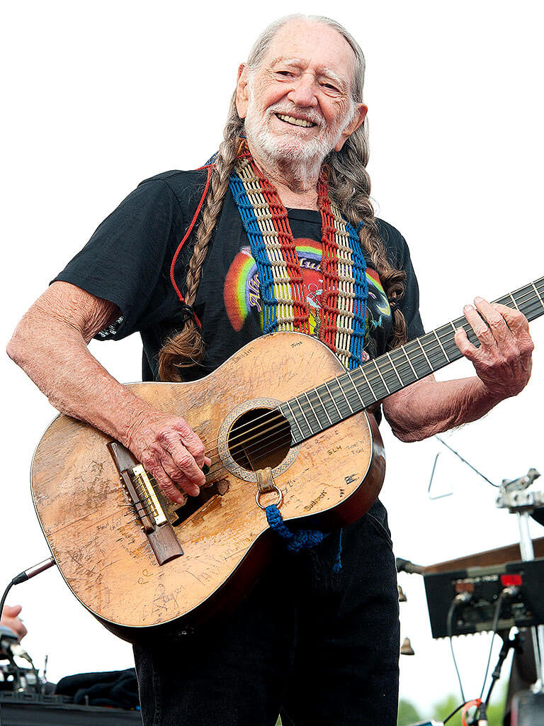 Willie Nelson strumming his worn acoustic guitar on stage while rocking his signature smile and long twin braids.featured in the Best Hair in Rock and Roll.