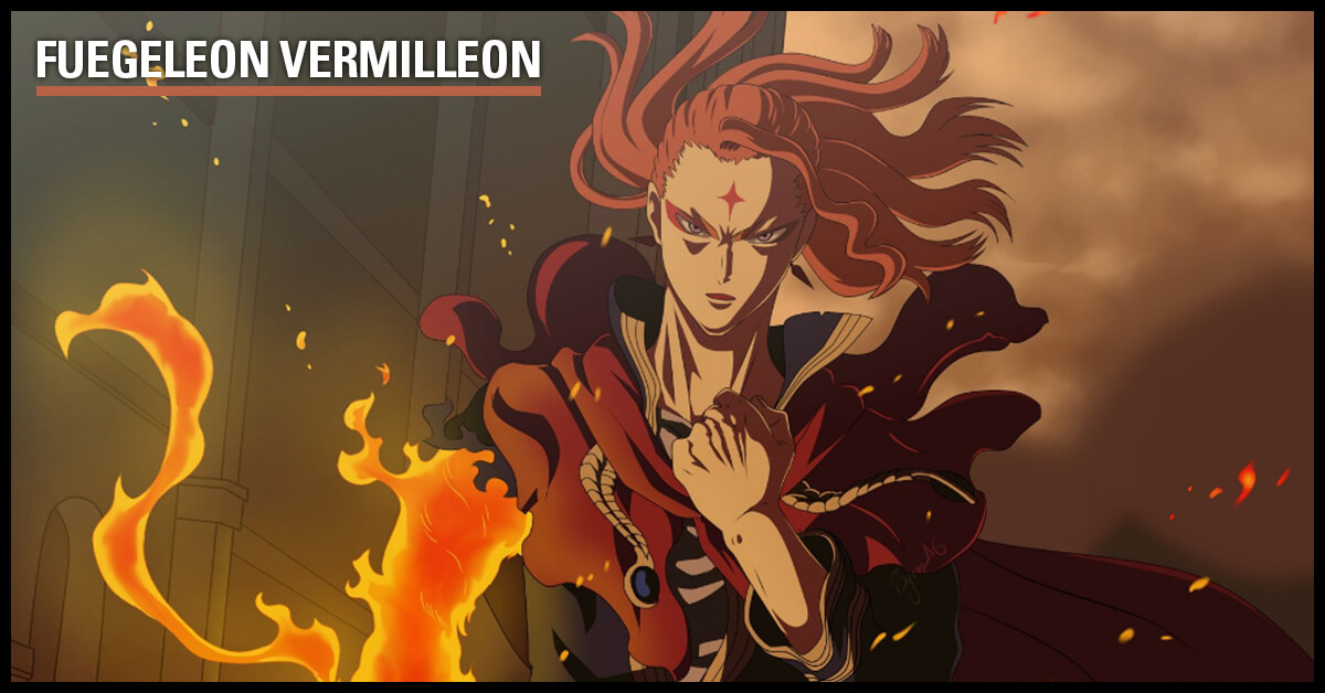 Fuegeleon Vermilleon with fire and hair of fury, featured in anime hairstyles
