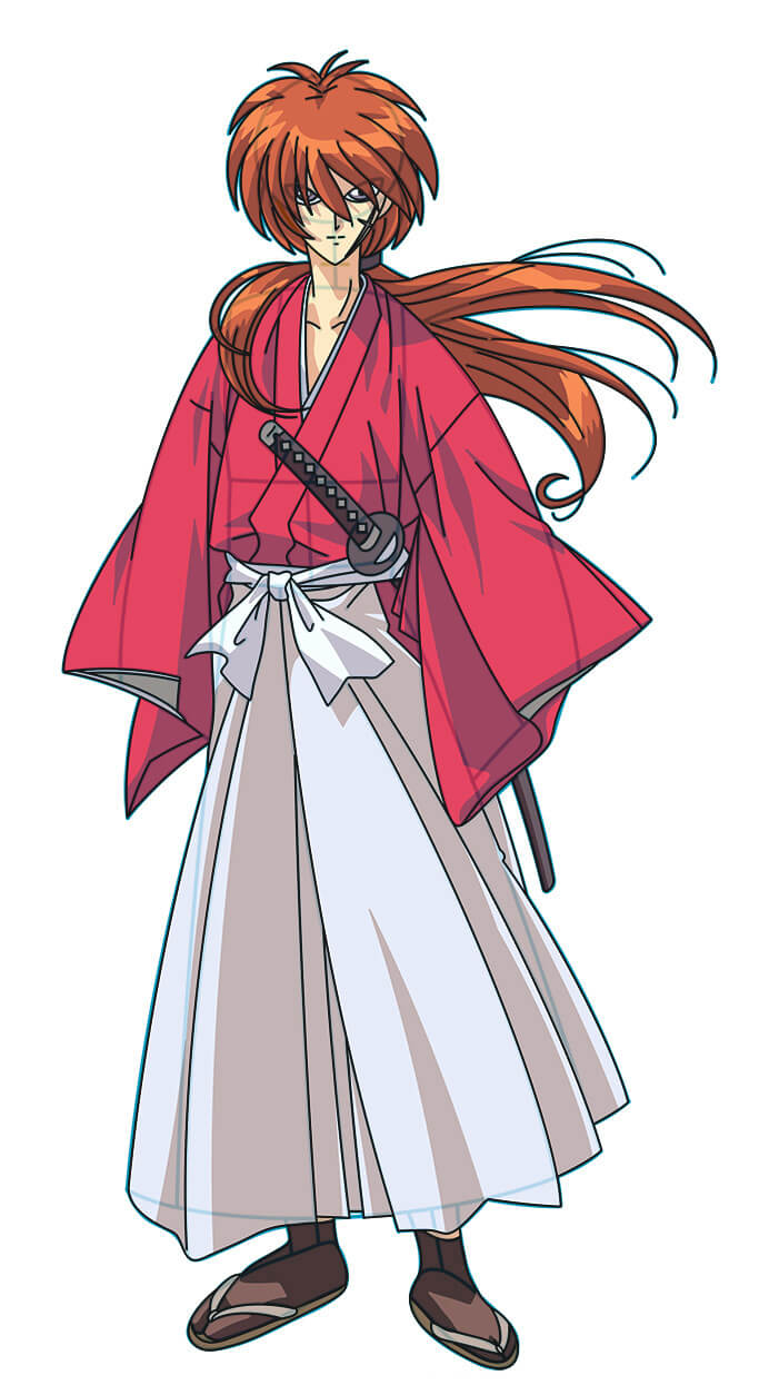 Rurouni Kenshin standing with hair blowing to the right side, featured in anime hairstyles