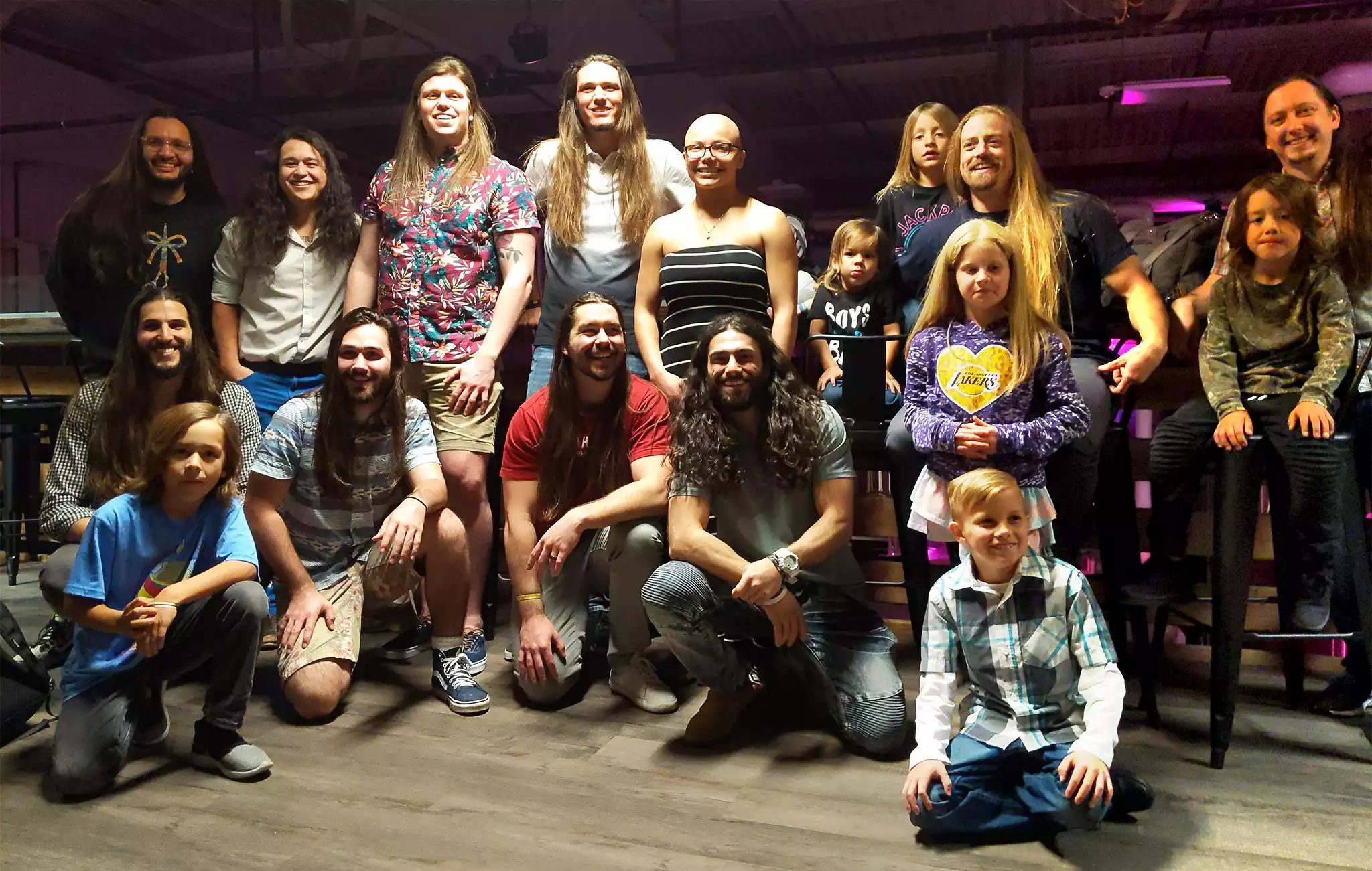 Group shot about 15 longhairs the night before The Great Cut. All the kids of moms of boys with long hair!