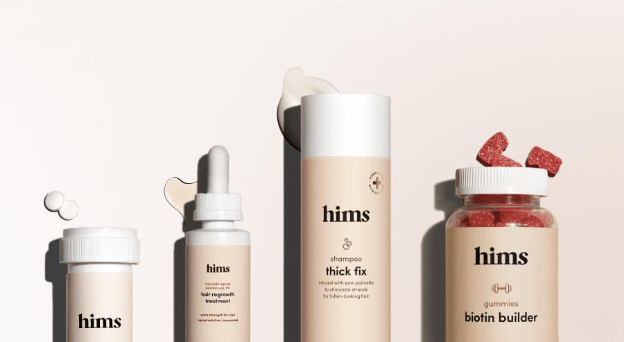 Advertising image of “Hims” package that includes a multivitamin, DHT blocking shampoo, and a bottle of minoxidil that helped Chuck deal with hair loss.