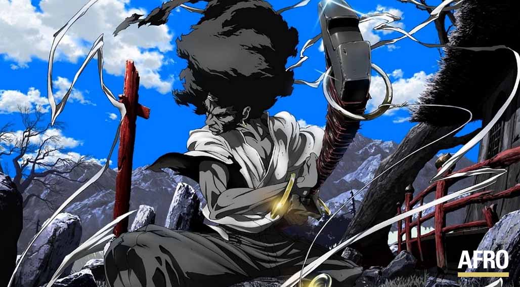 Afro surrounded by a blue sky about to unsheathe his sword while his hair flows like a cloud.