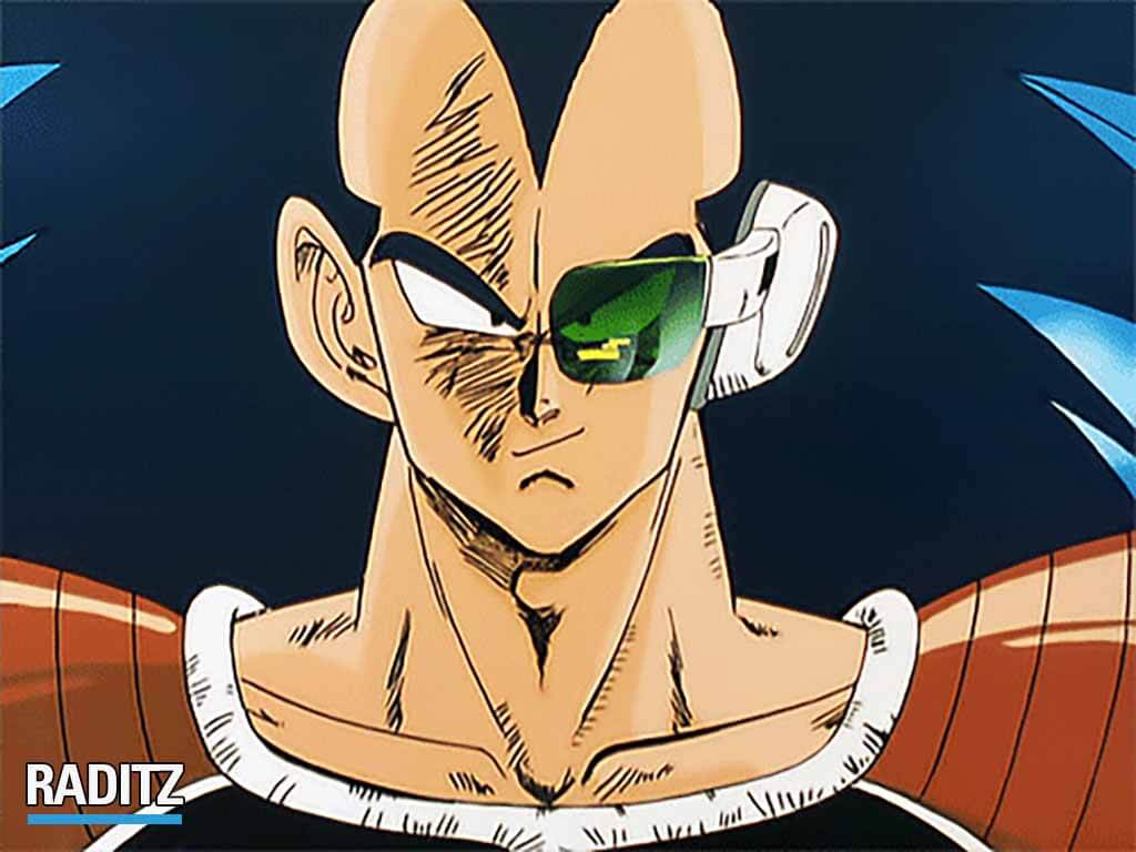 Raditz staring down at an opponent while his long hair flows freely.