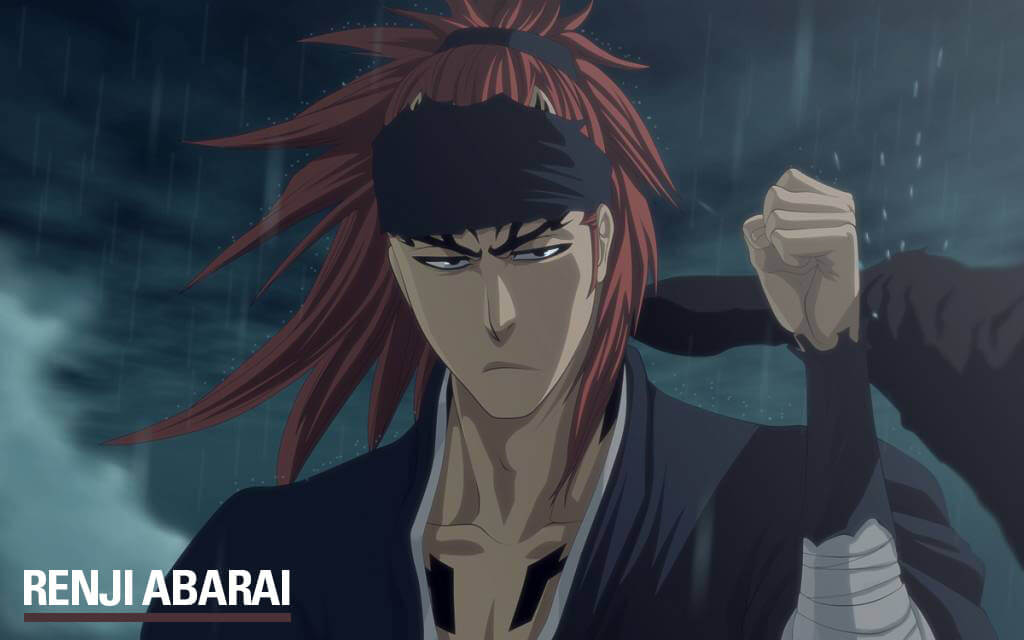 Renji being rained on with his crimson long hair in anime in a ponytail.