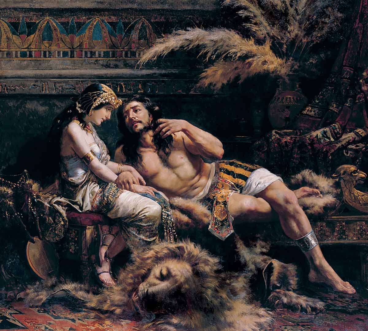 Samson laying on lions the hype of the lion get slaughtered with his mistress to his side.