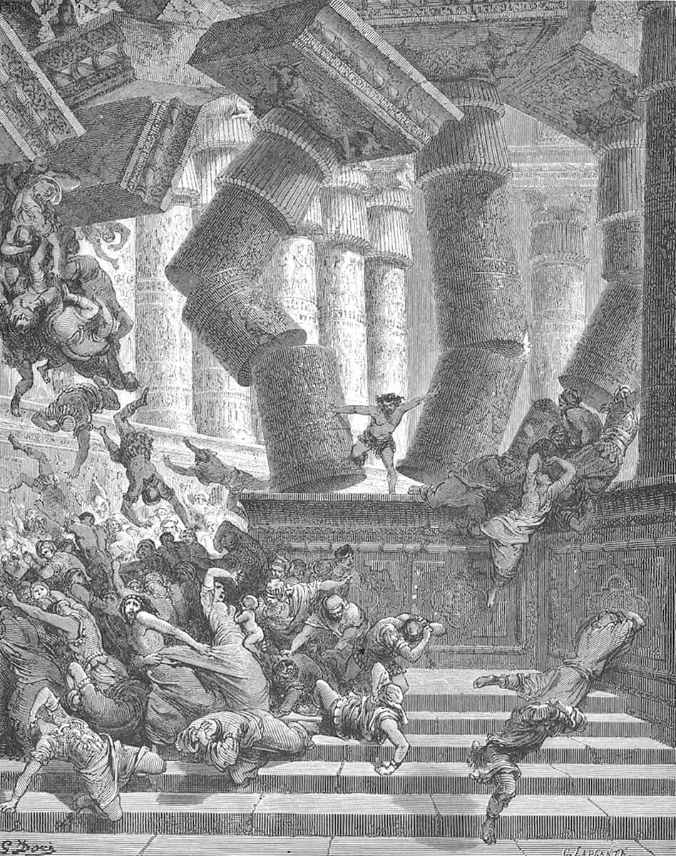 Samson showing is total strength and domination by destroying everything