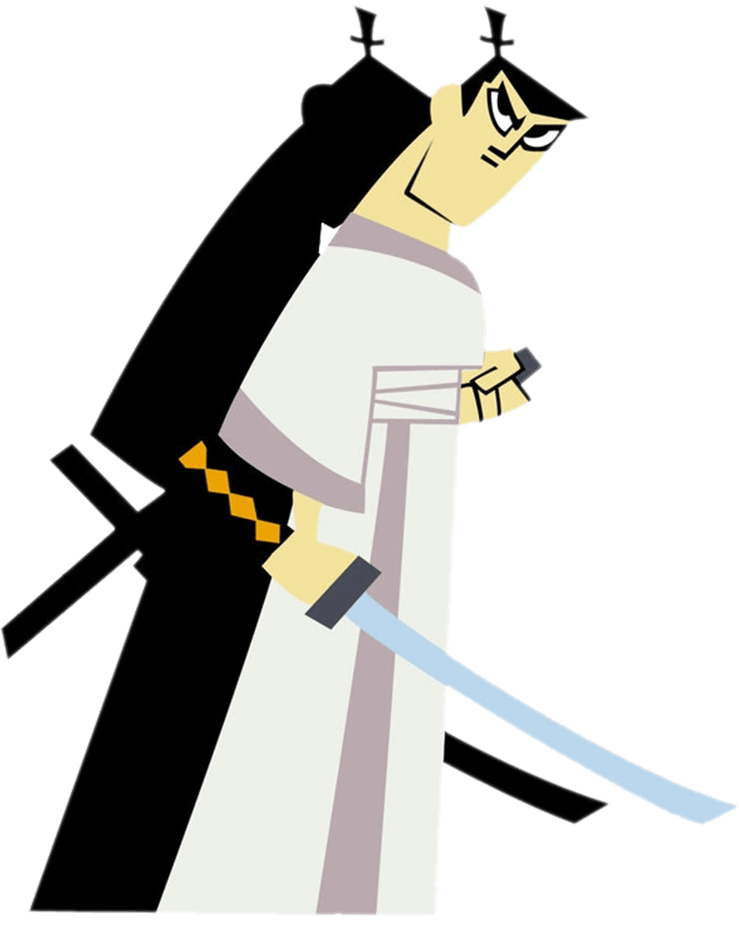 Samurai Jack getting ready to battle Aku with his black hair tied up in a high ball.