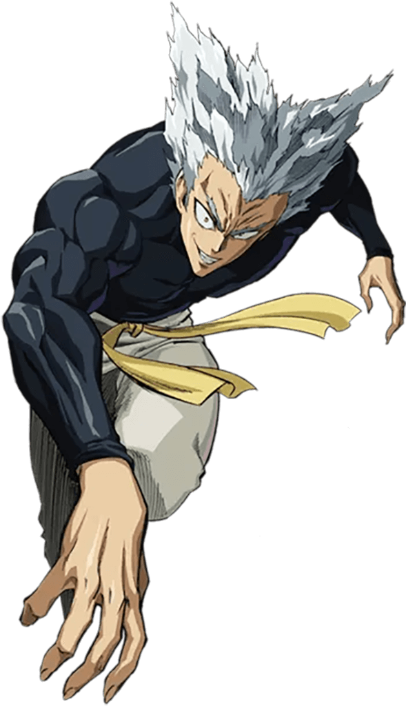 Garou mid-strike with his white pompadour sticking jaggedly behind him.
