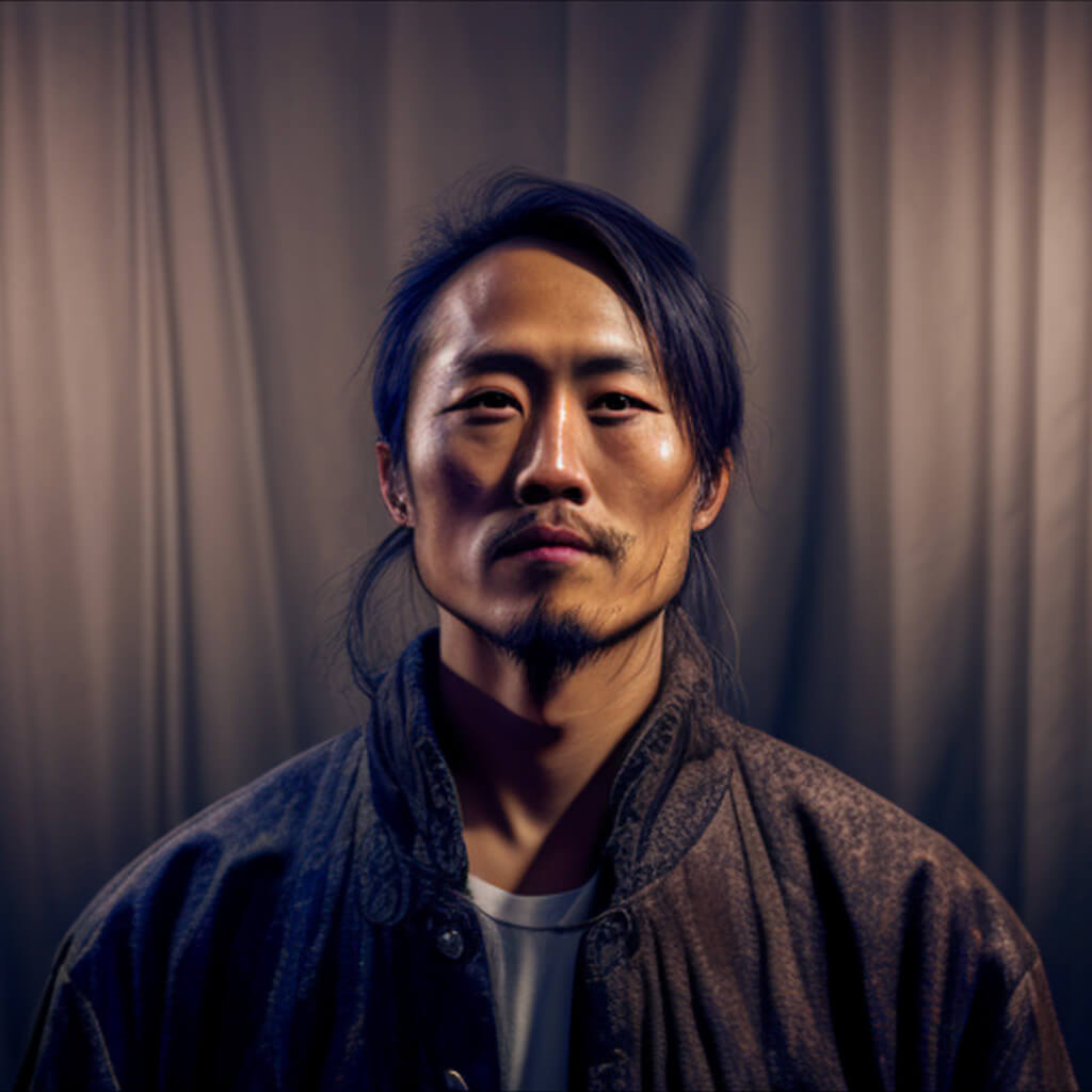 ai portrait of asian style aritst with long black hair and goatee in photo studio