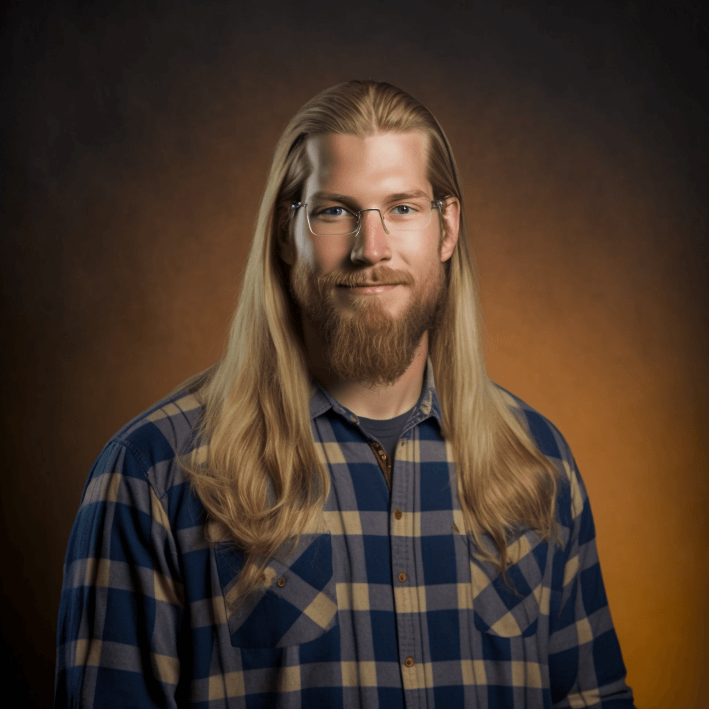 ai portrait of sean horton looking like a school boy viking in flannel shirt and wearing glasses