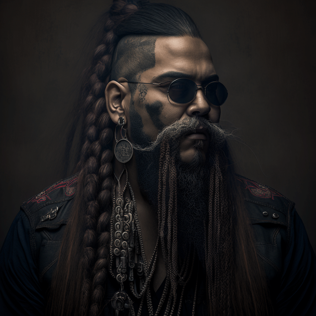 surreal ai portrait of extremely tough looking man with incrediable braids and braided beard