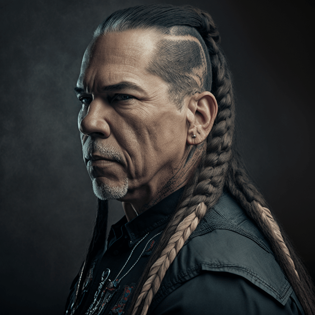 ai portrait of older man with long braids in motorcycle club looking mean af