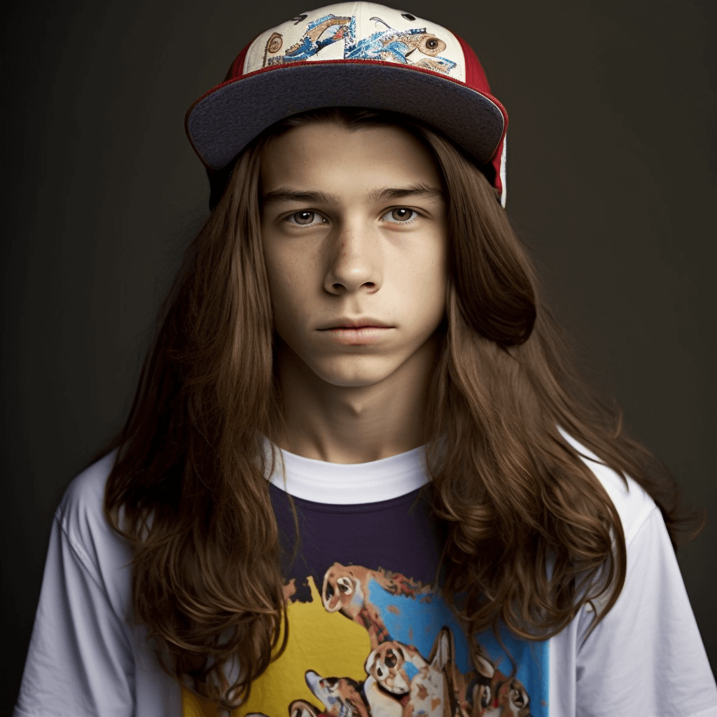 ai portrait of young skater boy with beautiful long brown hair