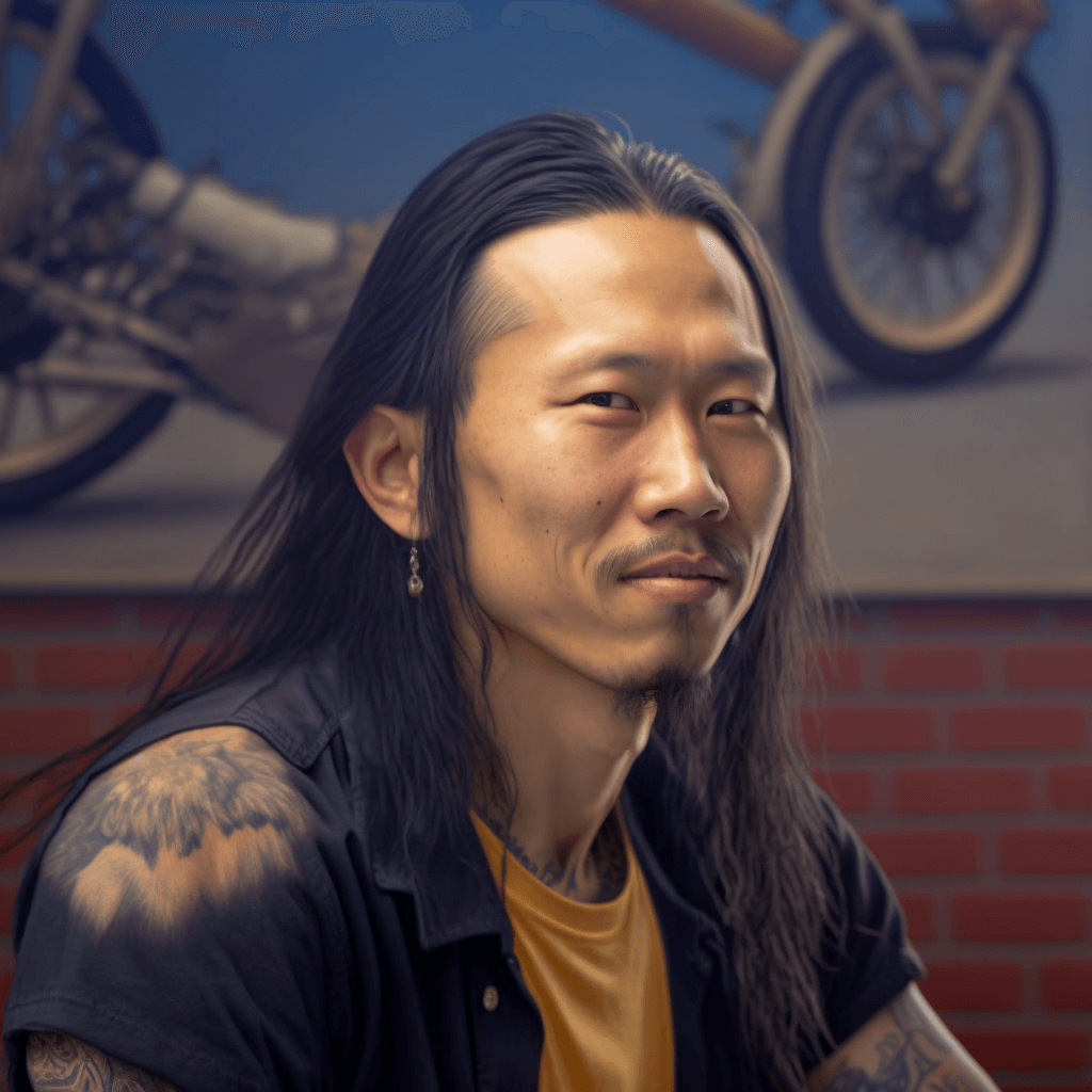 ai portrait of asian man with tattoos and long black hair with ear ring in right ear. Light goatee and mustache.