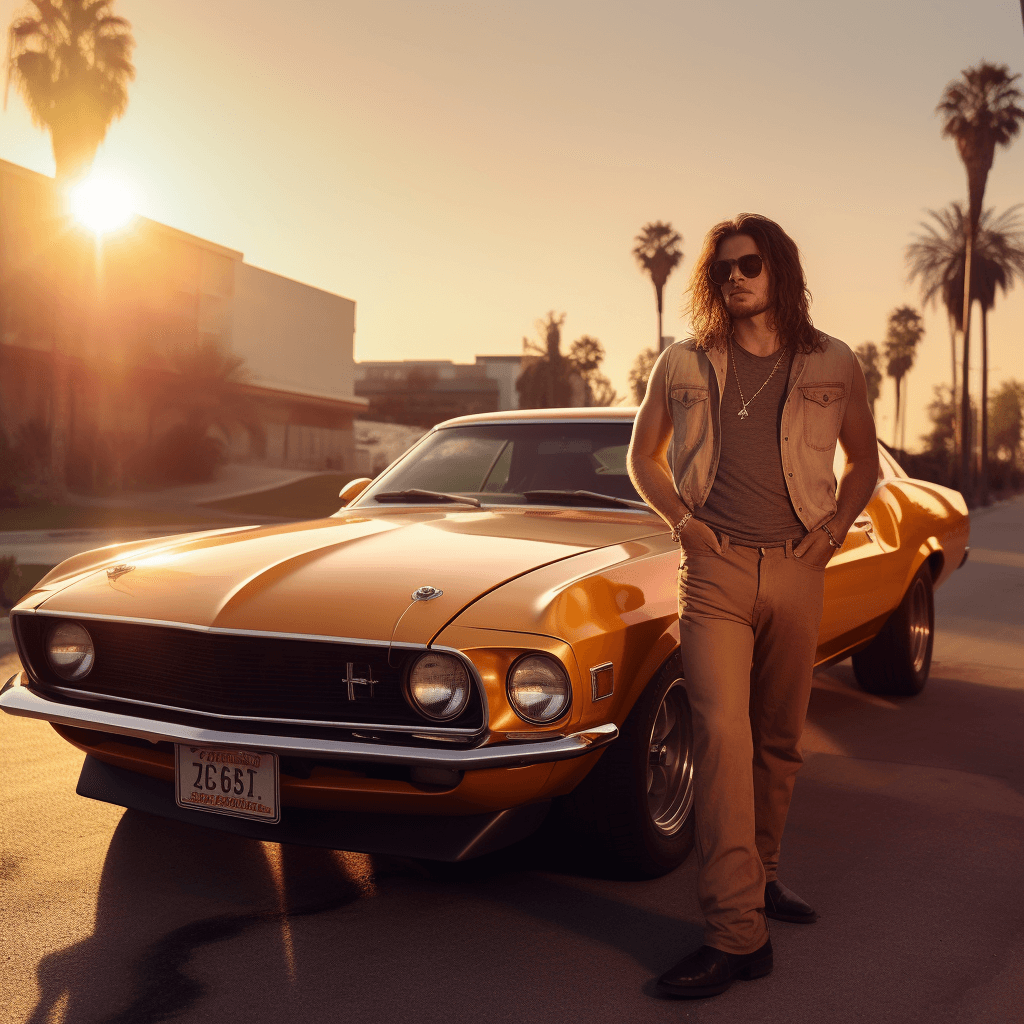 ai portrait of mexican guy standing in front of his 1960s mustang