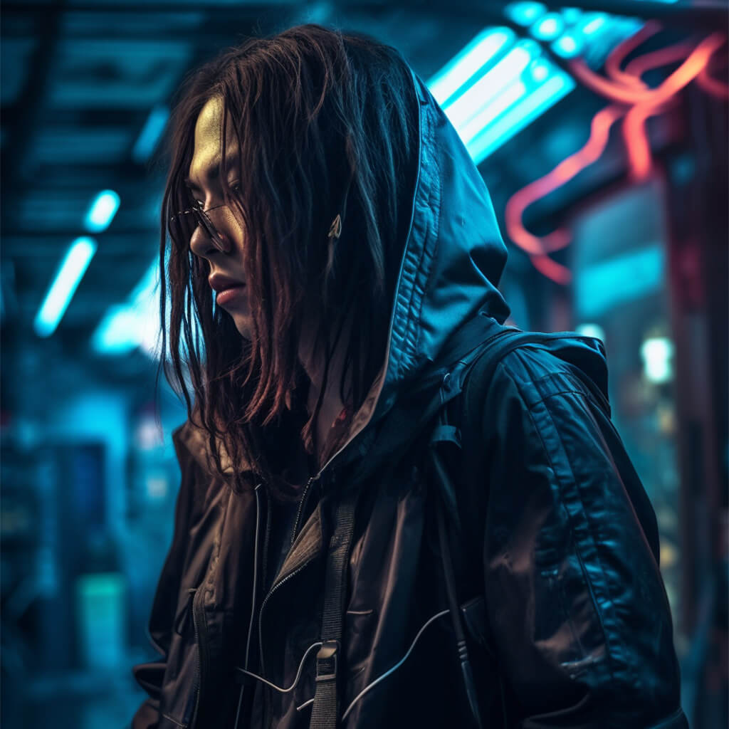 ai portrait of asian man in the street at night cyberpunk style