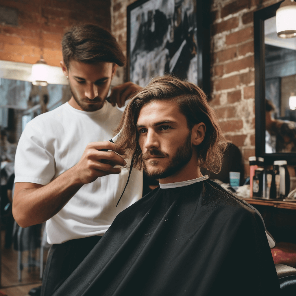 realistic ai photography of man with medium long hair getting a hair cut in barber shop