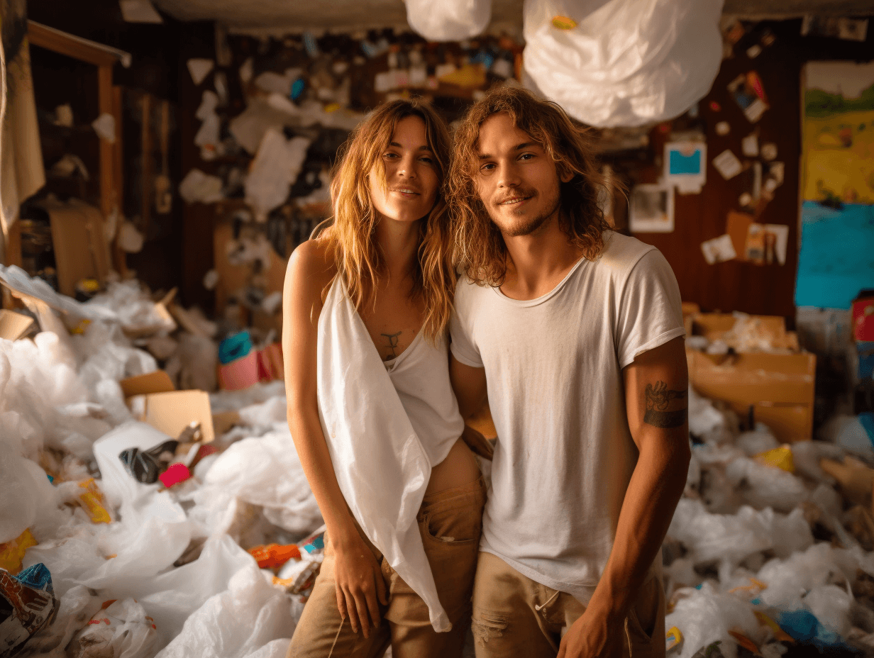 ai portrait of couple smiling standing in dirty room