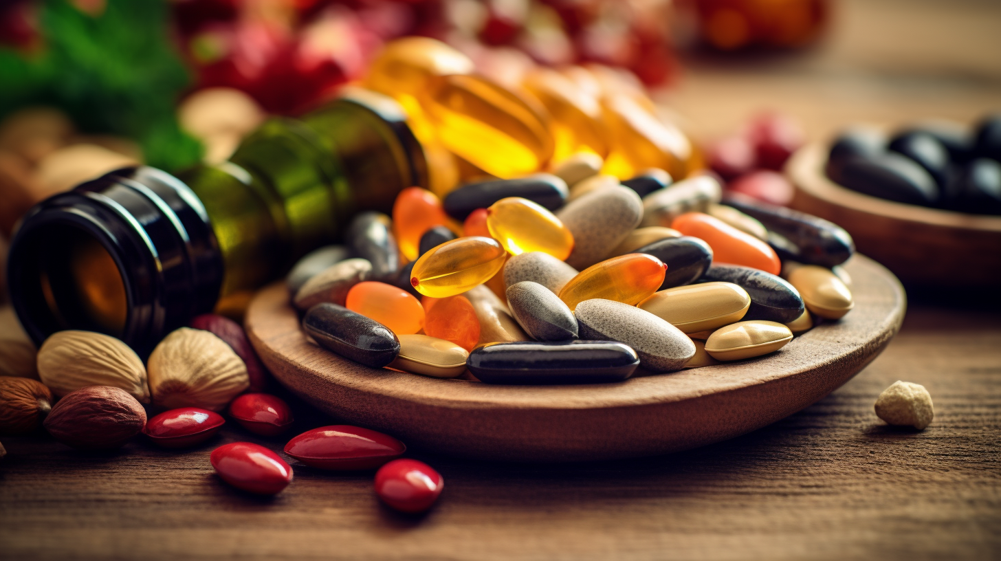 Pills and capsules in a round bowl.