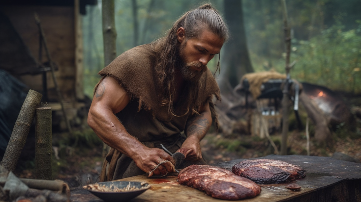 Fresh meat being cut on a table, outdoors.