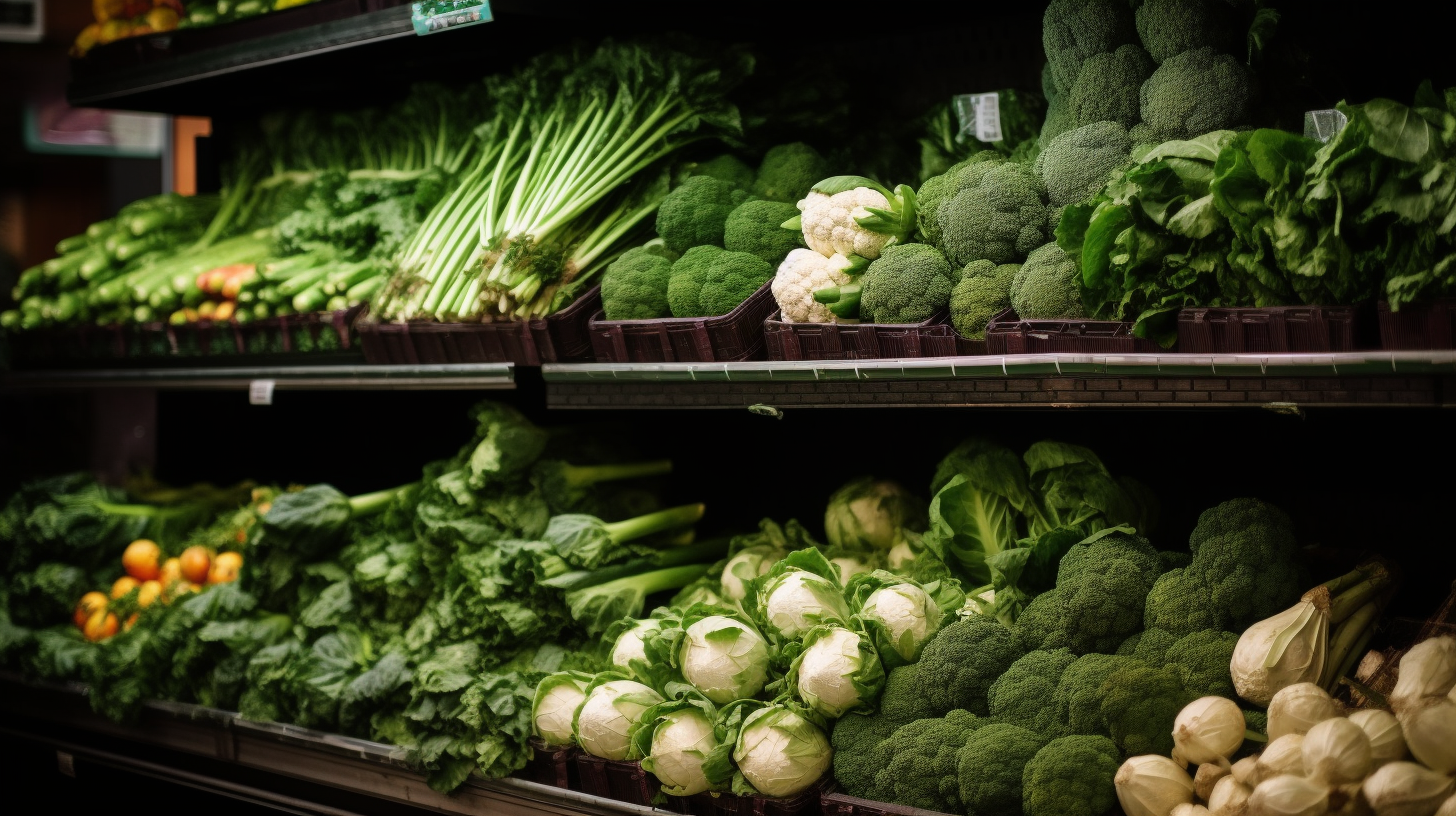 The product section of a grocery store, stocked with leafy greens.